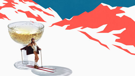 Graphic composition. Skier posing beside crystal cocktail glass on minimal mountain landscape. Concept of event poster illustration, travel lifestyle, and food and drinks marketing.の写真素材