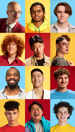 Portraits collage of diverse men showing emotion and authenticity on modern backgrounds. Concept of individuality, inclusion, positive masculinity, and emotional storytelling for lifestyle campaigns.の写真素材