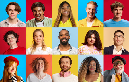 Diverse group of happy people smiling in bright color composition representing global unity. Concept...