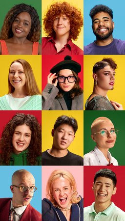Colorful portraits of people expressing joy and confidence in vibrant modern collage. Concept of...