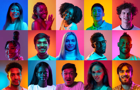 Creative portraits collage of multicultural people illuminated by neon light gradients. Concept of modern diversity, digital storytelling, inclusivity, and emotional branding with futuristic tone.の写真素材