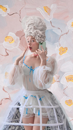 Surprised woman dressed as Marie Antoinette talking on smartphone against painted floral wall....