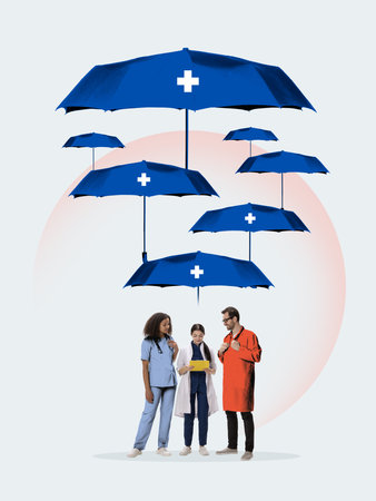 Trendy artwork. Group of doctors standing under multiple umbrellas symbolizing healthcare insurance network protection. Concept of teamwork, unity, coverage in medical service and patient safety.の写真素材