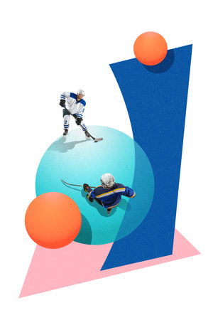 Colorful collage. Two hockey players facing each other on colorful geometric field. Concept of decision-making, negotiation skills, team coordination for corporate learning, media, and education.の写真素材