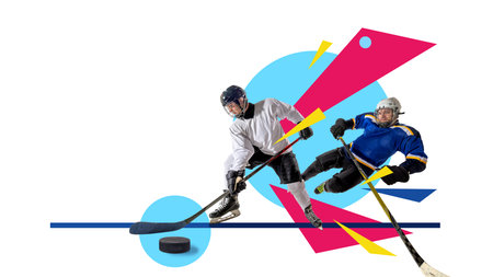 Modern collage. Two hockey players in fast motion on colorful abstract surface. Concept of high performance, collaboration, motivation for sports advertising, training, and creative design.の写真素材