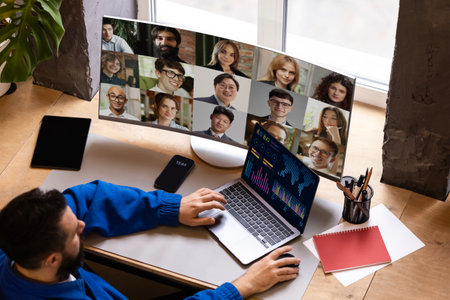 Modern collage. Analyst in virtual meeting analyzing data charts on laptop with global team. Concept of financial analytics, teamwork, hybrid work, business intelligence, and collaboration efficiency.の写真素材