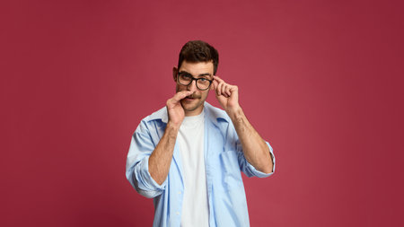 Curious man adjusting glasses with attentive look showing interest and focus. Concept of learning, observation, influencer communication, and educational marketing for social media content.の写真素材