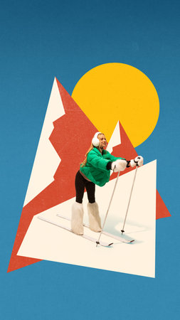 Colorful collage. Woman skiing in colorful outfit smiling with yellow sun and abstract red mountains background. Concept of winter sport, tourism campaign, lifestyle fashion, and travel advertising.の写真素材
