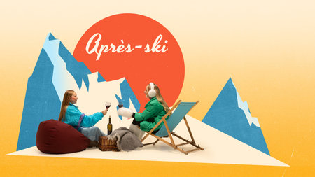 Two women in apres ski scene sitting with wine glasses against sunset mountain collage background. Concept of travel lifestyle, winter hospitality, and editorial tourism.の写真素材
