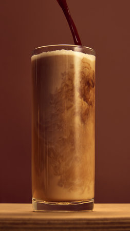 Coffee stream mixing with milk in tall glass showing swirling pattern and rich texture closeup....