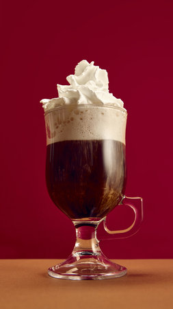 Irish coffee with whipped cream topping served in clear glass on red background. Concept of dessert...