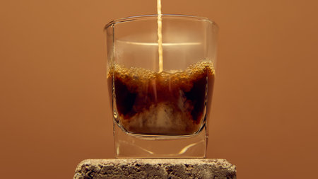 Espresso stream pouring into glass with foam forming on top against warm brown background. Concept of beverage creation, cafe branding, culinary craftsmanship, and modern product design.の写真素材