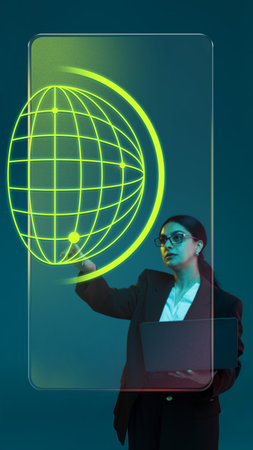 Collage of businesswoman interacting with digital globe projection using laptop on blue background. Concept of global data visuals, fintech services, educational technology, AI-driven innovation.の写真素材