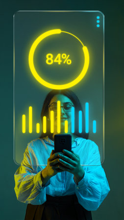 Trendy collage. Woman viewing digital data analytics dashboard on smartphone with glowing hologram. Concept of fintech monitoring, smart investment platforms, SaaS performance metrics.の写真素材