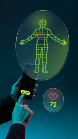 Modern artwork. Smartphone scanning human body hologram with health data and heart rate display. Concept of digital healthcare, biometric scanning, telemedicine platforms, smart diagnostics.の写真素材