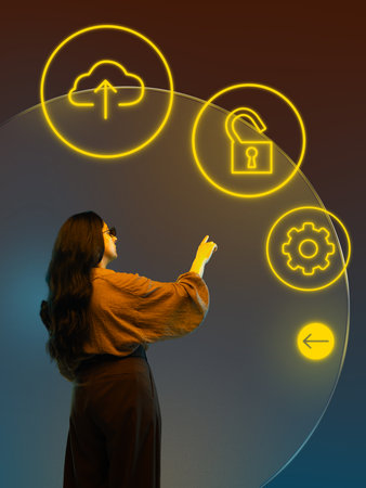 Graphic composition. Woman touching holographic icons of cloud upload security and digital settings. Concept of cloud computing, data protection, SaaS infrastructure, UI interface design.の写真素材