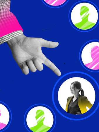 Colorful collage. Hand pointing at selected candidate profile symbolizing digital recruitment choice. Concept of job search, online selection, HR platform design, and recruitment visuals.の写真素材