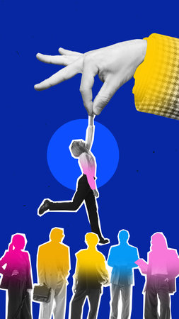 Surreal collage art. Hand lifting joyful professional from crowd symbolizing successful recruitment moment. Concept of job selection, career opportunity, employee recognition, and hiring success.の写真素材
