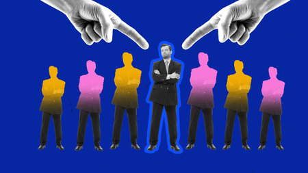 Minimalist digital collage. Hands pointing at confident businessman symbolizing leadership recognition and promotion. Concept of talent identification, career growth, management focus, HR success.の写真素材