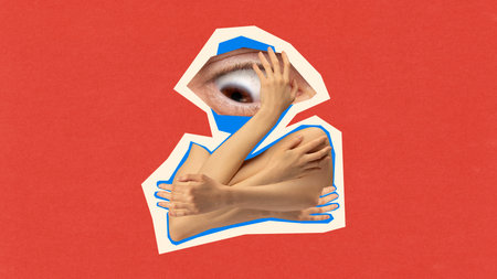 Surreal collage with large eye and embracing arms illustrating anxiety and inner observation. Concept of mental health awareness, emotional expression, mindfulness and self-understanding in psychologyの写真素材