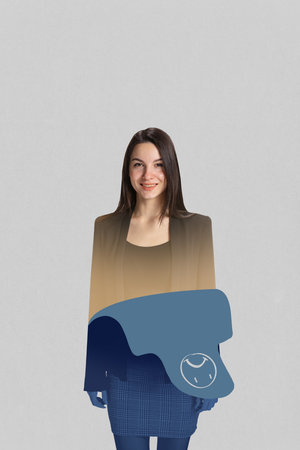 Creative digital artwork. Smiling businesswoman with dark silhouette shredding off. Concept of overcoming stress, workplace well-being, emotional renewal, and psychological healing.の写真素材