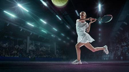 Female tennis player extended stance defensive position indoor 3D match court. Concept of athletic control, technique in sport education, athlete analytics, and coaching resources.の写真素材