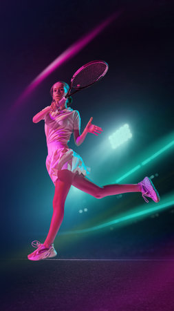 Female tennis player striking forehand under neon lights with focus and emotion. Concept of performance in sports, entertainment visuals, and creative fitness campaigns. Bold digital artworkの写真素材