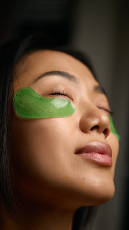 Woman relaxing with green under-eye patches enjoying quiet skincare moment. Concept of rejuvenation, selfcare, facial recovery through hydration and wellness balance.の写真素材