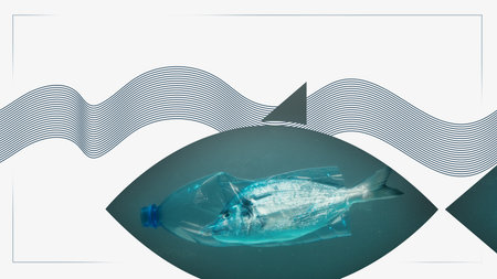 Contemporary collage art. Fish wrapped in plastic bottle symbolizing ocean pollution. Concept of marine contamination, sustainability awareness, and environmental protection.の写真素材