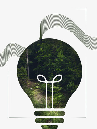 Modern composition. Lightbulb silhouette with forest inside symbolizing green energy. Concept of...