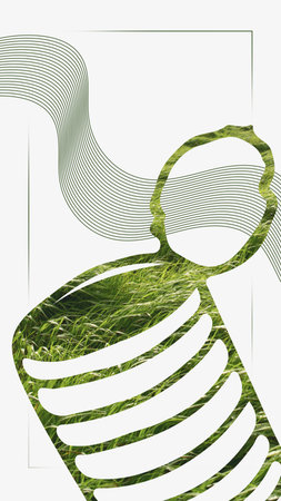 Collage art. Plastic bottle silhouette filled with green grass promoting recycling awareness....