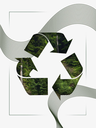 Digital artwork. Recycle symbol made of forest texture illustrating circular economy. Concept of sustainability, resource management, and ecological innovation in business.の写真素材
