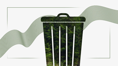 Minimalist collage. Trash bin silhouette filled with forest texture symbolizing environmental care. Concept of waste management, responsibility, and protection of green resources.の写真素材