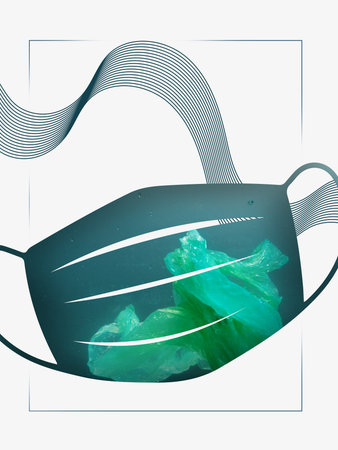 Abstract collage. Medical mask with underwater plastic showing pandemic waste pollution. Concept of environmental responsibility, marine health, and global awareness on pollution.の写真素材