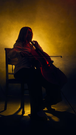 Female cellist sitting and playing cello under dramatic stage light. Concept of music schools and courses, art design applications, and editorial content on performing arts.の写真素材