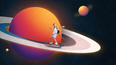 Colorful collage. Girl skateboarding on planet ring in surreal outer space illustration. Concept of active childhood, creativity in learning, sport and adventure lifestyle.の写真素材