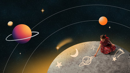 Graphic collage. Girl drawing planets and stars on cosmic surface in surreal space environment. Concept of imagination, learning, discovery for education, and creative storytelling visuals.の写真素材