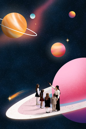 Trendy composition. Teacher and children standing on planet ring observing colorful outer space. Concept of science education and exploration, teamwork in learning, imagination, and creative discoveryの写真素材