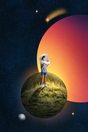 Surreal collage art. Boy in striped shirt standing on small planet looking at giant glowing sphere....