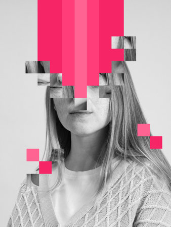 Surreal collage. Pixelated female portrait with pink distortion expressing mental overload. Concept of information anxiety, emotional fragmentation, self-awareness, and digital stress representation.の写真素材