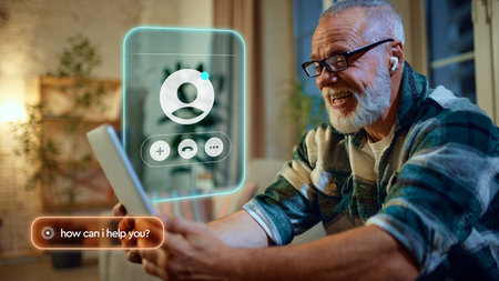 Older man video chatting using AI assistant interface for communication. Concept of digital support, independence, learning technology, and confidence through modern smart tools. Graphic collageの写真素材