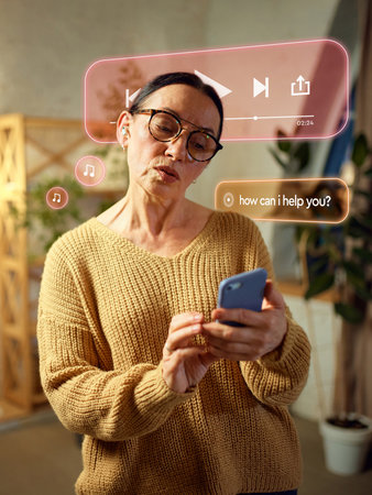 Mature woman listening to music on smartphone with digital player interface. Concept of leisure, emotional wellness, digital AI assistant, and connection through technology. Minimalist collageの写真素材