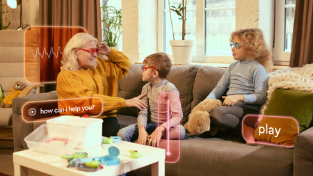 Grandmother and grandchildren interacting with smart assistant interface at home. Concept of family bonding, learning through play, technology education, and digital comfort. Creative collageの写真素材