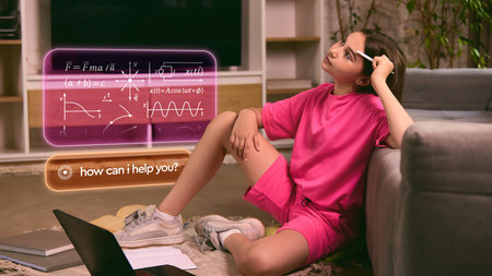 Teen girl learning physics with digital tutor and visual problem interface at home. Concept of...