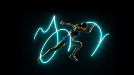 Female athlete sprinting surrounded by light motion neon lines symbolizing strength. Concept of fitness motivation, and healthy lifestyle promotion.の写真素材