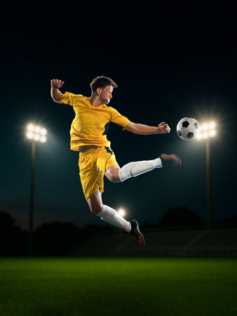 Modern digital poster. Football striker in yellow uniform jumping to hit the ball mid-flight.の写真素材