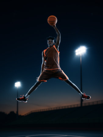 Creative graphic artwork. Confident basketball player celebrating mid-air dunk under arena lights. Concept of sports celebration, motivation visuals, fitness promotion, and emotional team.の写真素材