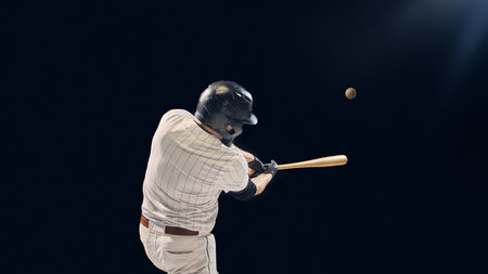 Baseball player hitting ball with bat during game action on dark background. Concept of peak athletic performance, coordination, and motion dynamics for sports promotion and media.の写真素材