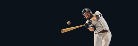 Baseball player making clean contact with ball during timing accuracy drill. Concept of reaction training, sports magazine visuals, and performance study for batting education and promotion. Bannerの写真素材
