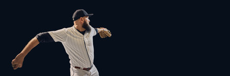 Baseball player rotating shoulders and arm during pitching motion. Concept of kinetic chain analysis, sports performance study, and coaching visualization. Bannerの写真素材